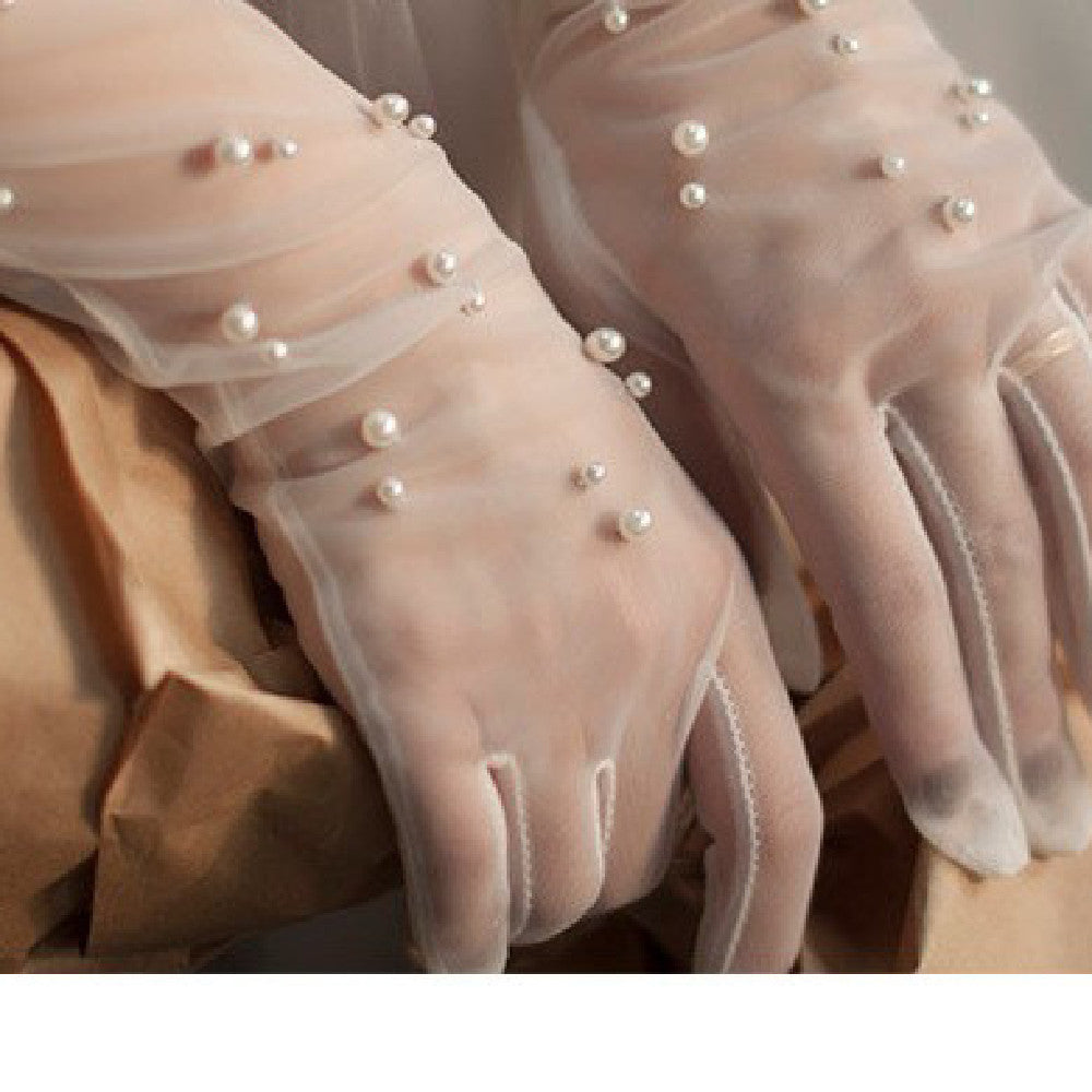 Bridal Wedding Dress Pearl Mesh Gloves White Yarn