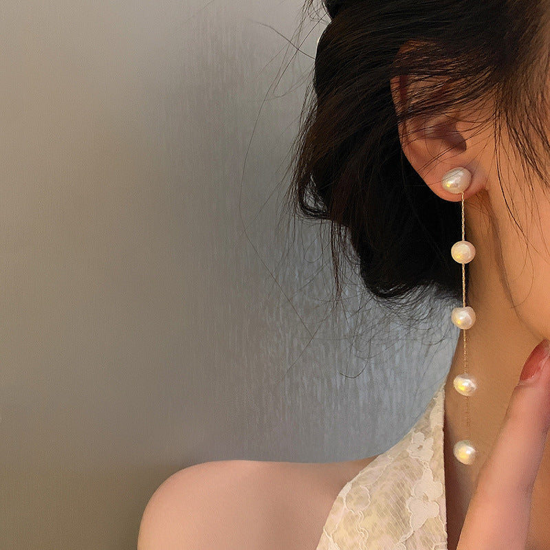 925 Silver Stud Freshwater Pearl Tassel Earrings